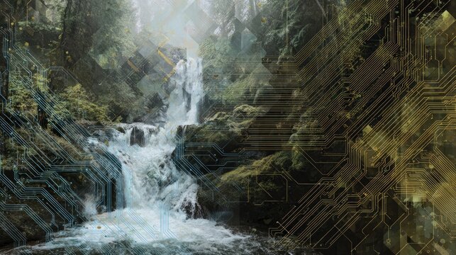 Serene Waterfall Surrounded by Lush Greenery with Abstract Digital Circuit Patterns Overlay - Powered by Adobe