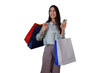 Happy woman shopping online with smartphone, holding many bags, enjoying consumerism and sales, transparent background