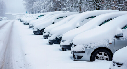 Snow-covered cars on roadside near trees symbolizing winter silence