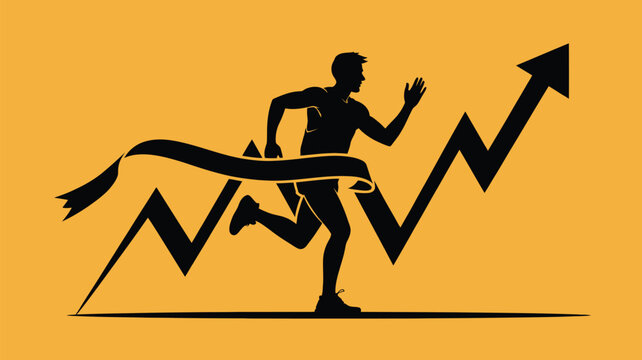 Dynamic runner crossing finish line with upward trend, symbolizing success, achievement, and growth in business or personal goals on orange background