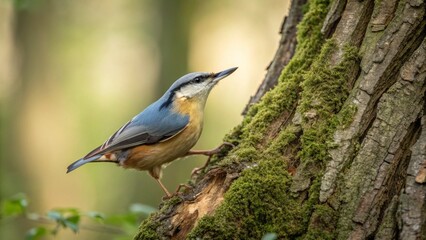 Fototapeta premium Eurasian Nuthatch (Sitta europaea) bird characteristically climbing head-first down a textured tree trunk while foraging in a forest.
