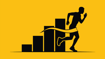 Dynamic runner crosses finish line, symbolizing achievement and success with bold graphic silhouette against vibrant yellow background, ready for victory