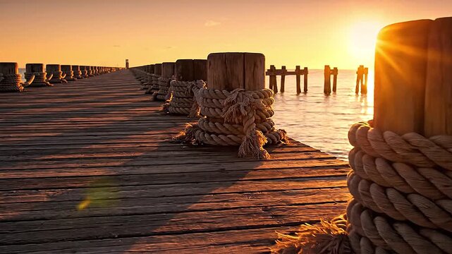 Pier rope bollards aligned in a row, repeating forms under golden light.