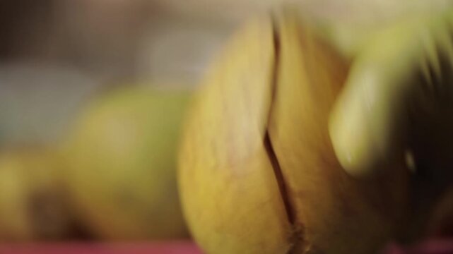 Closeup shot of breaking wood apple for juice.
