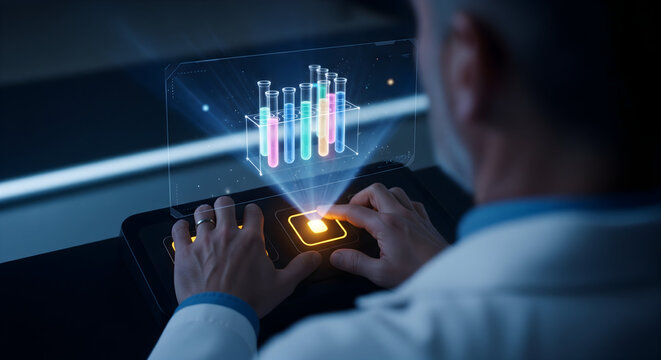 Scientist Interacting with Futuristic Holographic Lab Display