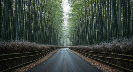 Aerial View of Misty Road Through Dense Bamboo Forest