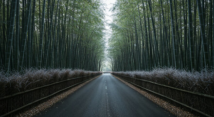 Aerial View of Misty Road Through Dense Bamboo Forest