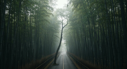 Aerial View of Misty Road Through Dense Bamboo Forest