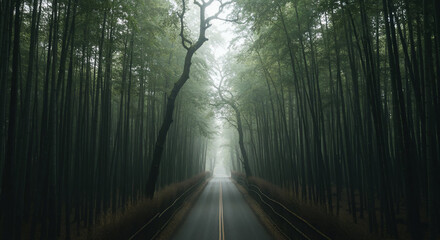 Aerial View of Misty Road Through Dense Bamboo Forest