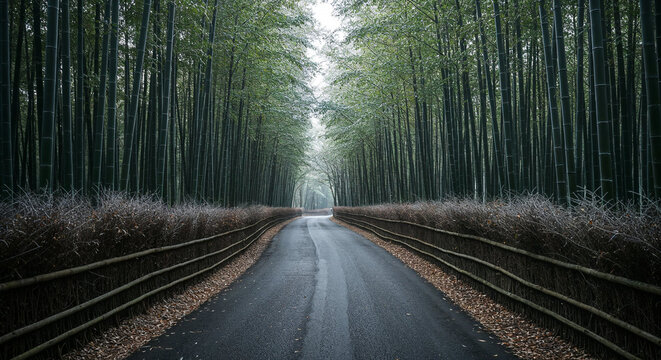Aerial View of Misty Road Through Dense Bamboo Forest