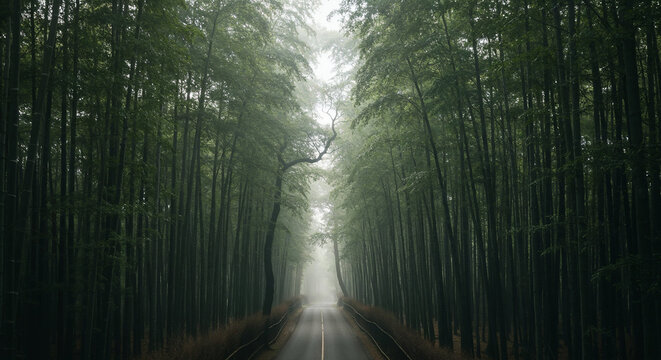 Aerial View of Misty Road Through Dense Bamboo Forest