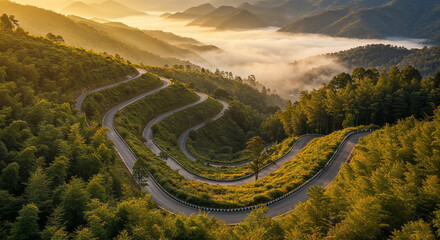 Aerial View of Misty Road Through Dense Bamboo Forest