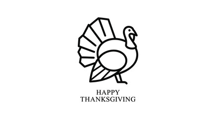 Minimalist black line art illustration of a turkey with its tail feathers fanned out and the text happy thanksgiving below