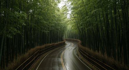 Aerial View of Misty Road Through Dense Bamboo Forest
