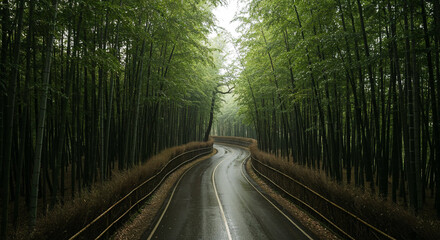 Aerial View of Misty Road Through Dense Bamboo Forest
