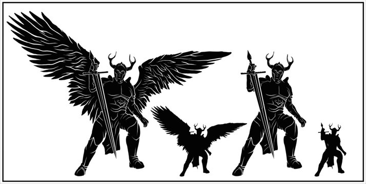 A set of silhouettes of a battle angel in armor with large wings thrusts a long sword into the ground. A fantasy character is a Knight in a helmet with full-length horns without a background.