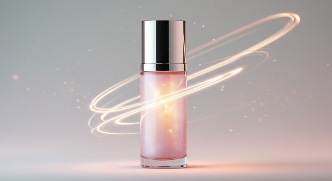 Cosmetic bottle on a light background with luminous spiral trails and bokeh - Powered by Adobe