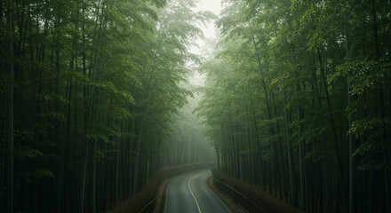 Aerial View of Misty Road Through Dense Bamboo Forest