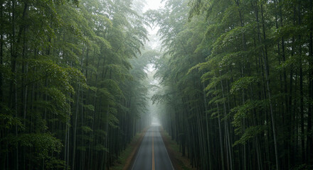 Aerial View of Misty Road Through Dense Bamboo Forest