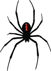 Black widow spider with red hourglass marking, venomous arachnid silhouette, creepy insect design, horror theme, Halloween icon, dangerous predator illustration