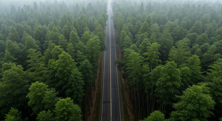 Aerial View of Misty Road Through Dense Bamboo Forest