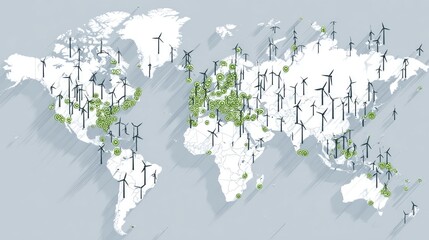 Global Map Highlighting Wind Turbine Locations and Renewable Energy Sources Across Continents