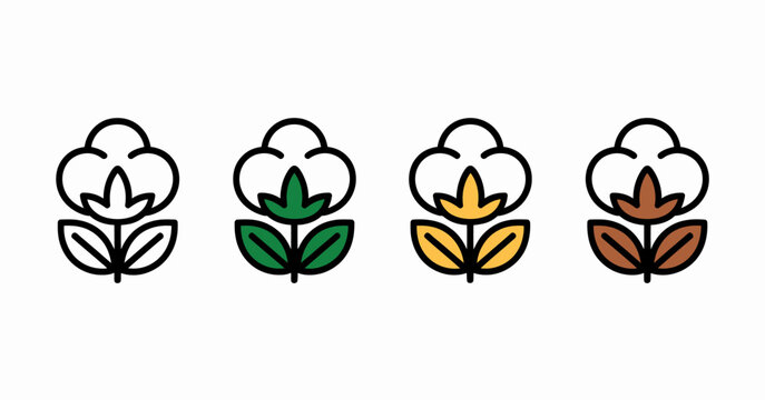 This illustration showcases three cotton flowers in distinct colors, symbolizing sustainability, agriculture, and the beautiful diversity found in nature's own palette.