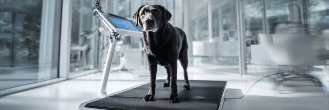 A Labrador stands confidently on an elevated ramp, showing off a visible prosthetic leg while a trainer encourages the dog with a treat nearby, promoting mobility and recovery, banner