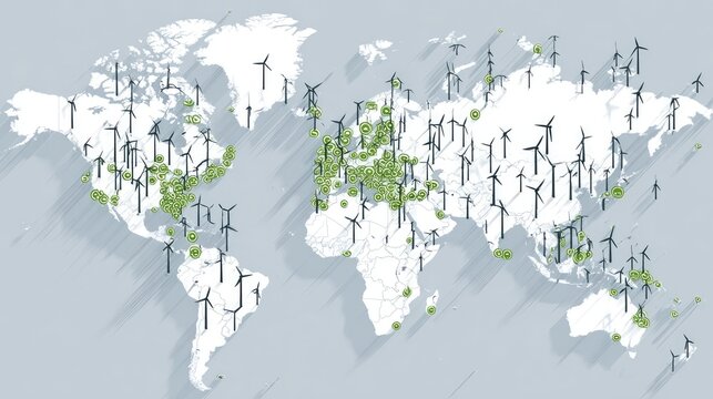 Global Map Highlighting Wind Turbine Locations and Renewable Energy Sources Across Continents