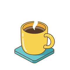 Steaming Yellow Coffee Mug on a Blue Coaster, Isometric Cartoon Vector Illustration of Hot Beverage