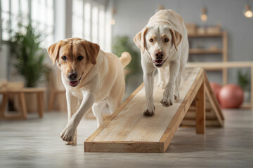 Two Labradors are happily playing and balancing on ramps in a large, bright dog training room, engaging in physical activity and strengthening their skills together