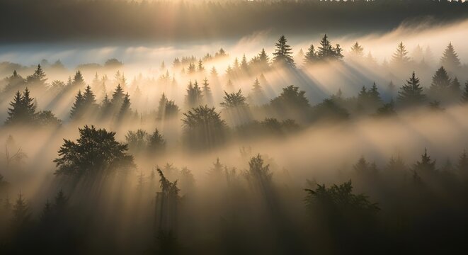 Aerial view of a forest with morning mist and sunlight streaming through the tree canopy layers - Powered by Adobe
