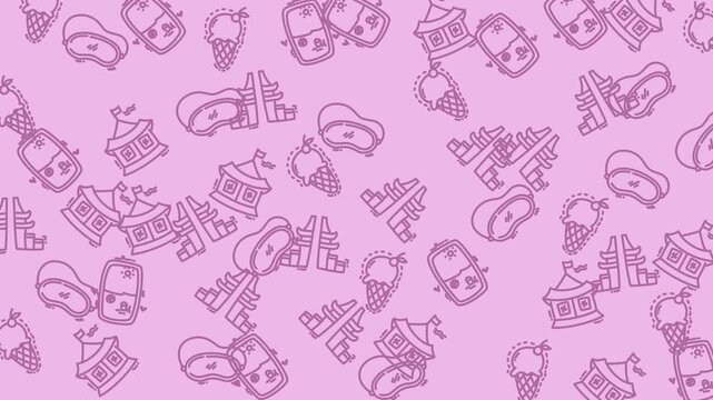 animated summer holiday icon seamless pattern Ice cream circus outlines on light pink background. Perfect for summer party invitations or childrens event decorations.