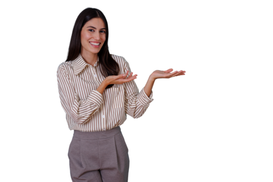 Young business woman smiling, presenting concept with open hands, showing copy space on transparent background