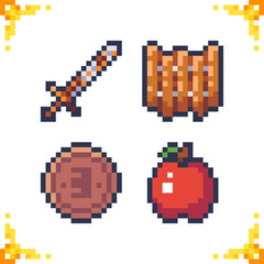Obraz premium A set of pixel art icons representing the starting inventory of a basic-level character for 2D RPG and adventure games. Includes a rusty sword, wooden shield, bronze coin, and apple. 16x16 pixels