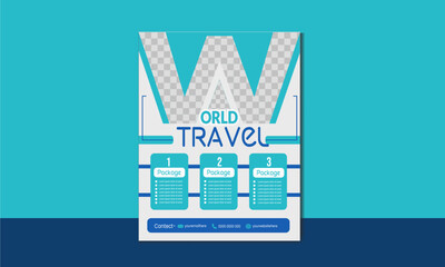 Simple flyer design brochure layout template for travel. Blue travel flyer template for travel agency.