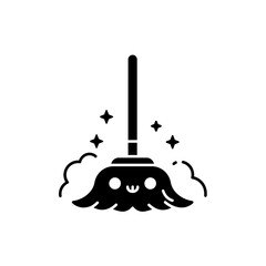 Fototapeta premium Cute Kawaii Smiling Mop or Broom Icon Cleaning with Sparkles and Dust Clouds