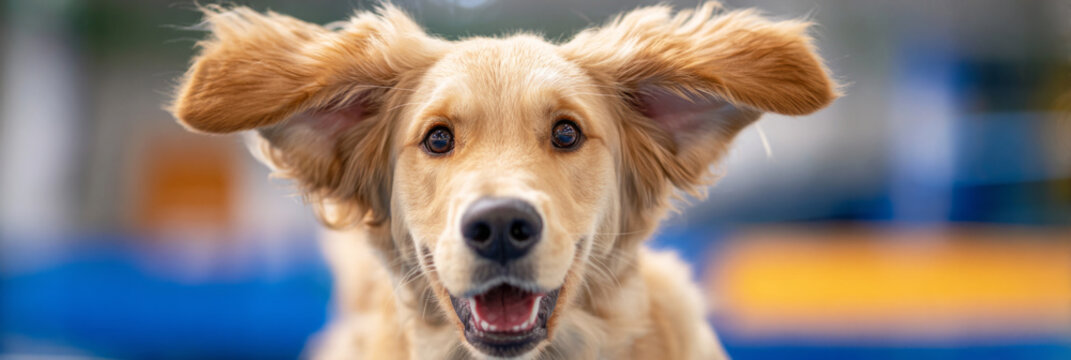 A golden retriever happily climbs a ramp in a dog-friendly gym. The space features various platforms and tunnels to support training and rehabilitation for pets, banner - Powered by Adobe