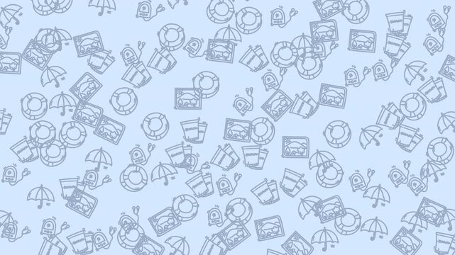 animated summer holiday icon seamless pattern beach items on light blue background for summer designs, vacation concepts, illustrations, travel blogs, and beachthemed projects.