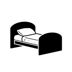 Black and white simple glyph icon representing a single bed, complete with mattress and pillow.
