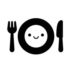 Cute Smiling Dinner Plate with Fork and Knife Black Glyph Icon.