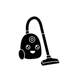 Cute Smiling Vacuum Cleaner Character Glyph Icon - Kawaii Style Cleaning Appliance Silhouette