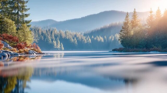 Serene Lake Reflection: A breathtaking landscape unfolds as a tranquil lake mirrors the lush green forest and majestic mountains, bathed in the soft morning light.