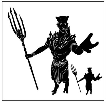 A silhouette of a marine fantasy character with a pitchfork, commanding the ocean in full growth. Underwater magician, lord of the sea in a loincloth with a medallion around his neck and bracelets.