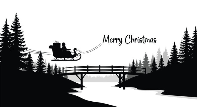 Silhouette of a person in a sleigh with gifts crossing a bridge over a river with pine trees and merry christmas text - Powered by Adobe