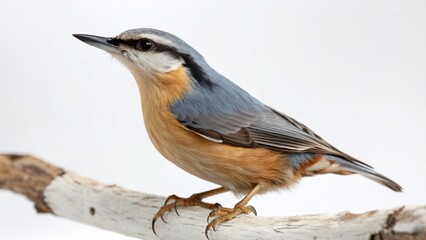 Naklejka premium Photorealistic studio portrait of a Nuthatch (Sitta europaea) songbird with blue-grey plumage, isolated on white.