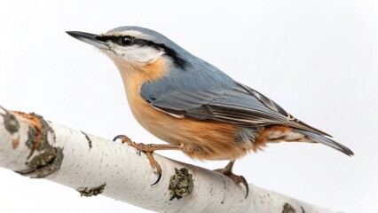 Photorealistic studio portrait of a Nuthatch (Sitta europaea) songbird with blue-grey plumage, isolated on white.