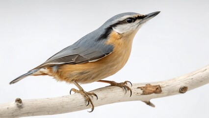 Obraz premium Photorealistic studio portrait of a Nuthatch (Sitta europaea) songbird with blue-grey plumage, isolated on white.