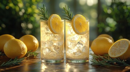 Iced lemon rosemary drinks, garden background, summer refreshment