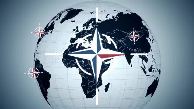 Globe with world map, grid lines, and compass rose icons over continents, in a gray background - Powered by Adobe